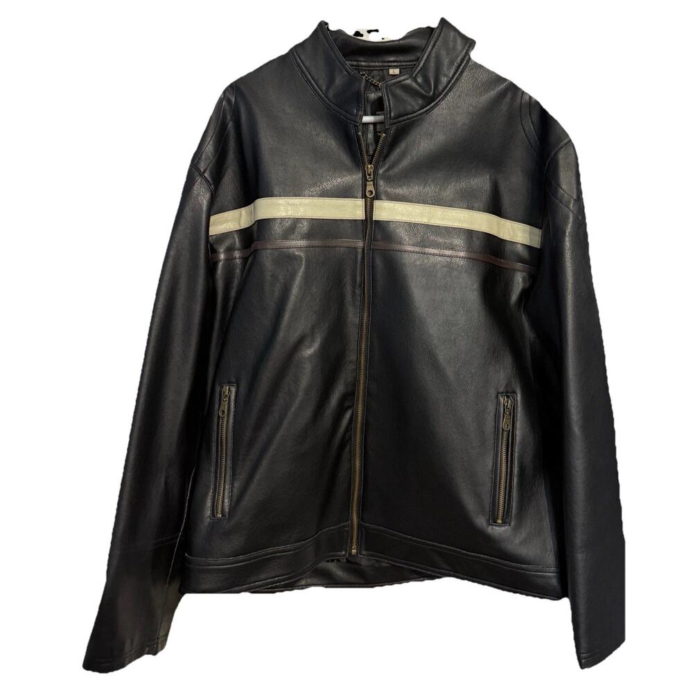 PX Genuine Black Faux Leather Jacket Stripe Trim Moto Mens L